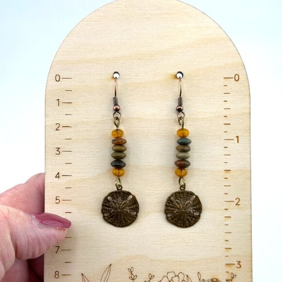 Rustic Natural Brass Sand Dollar Earrings Jasper Beaded Czech Glass Copper Hooks - Picture 9 of 10
